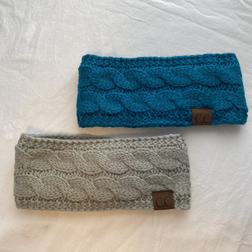 C.C Cable Knit Headbands - Teal and Light Gray, Fleece Lined